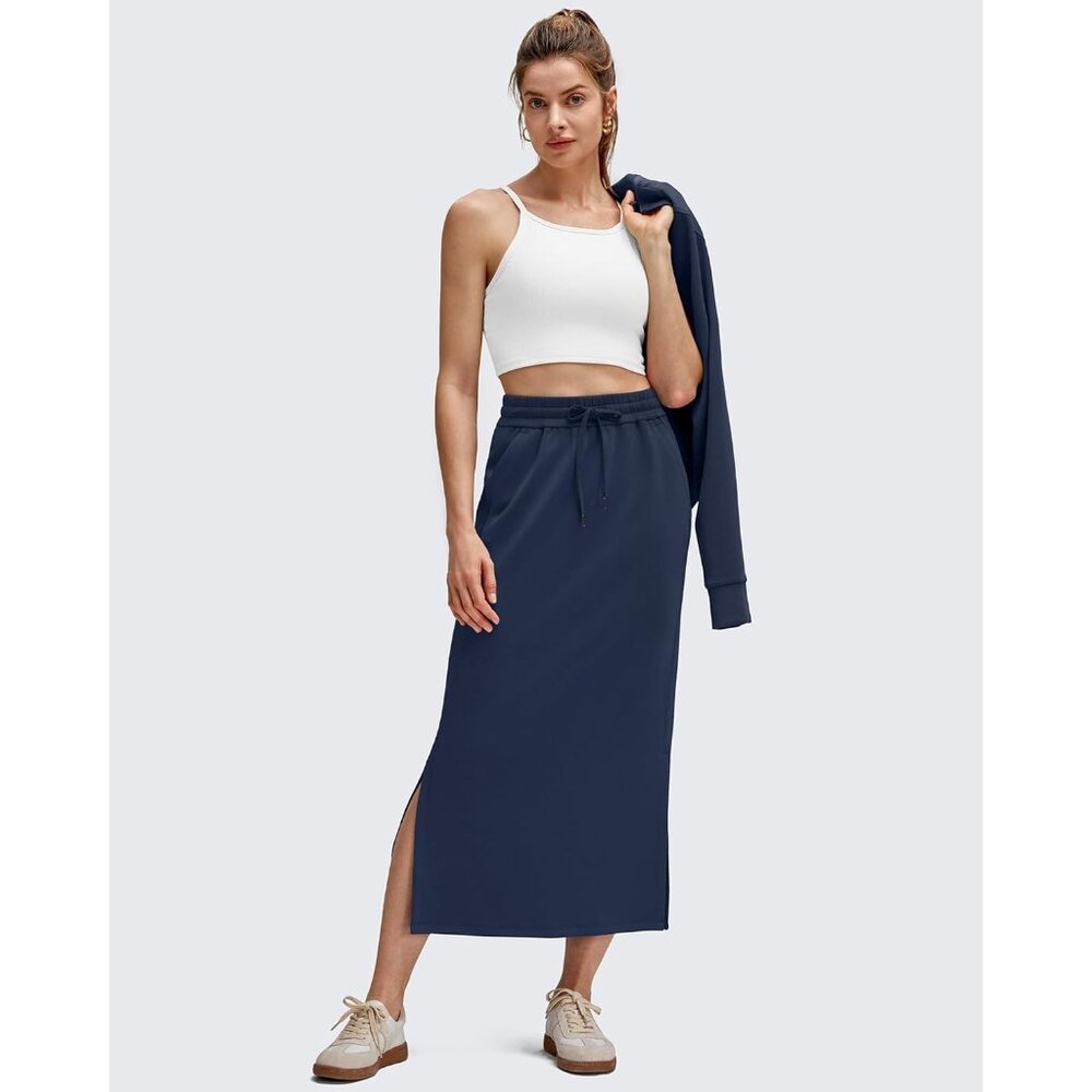 Women's Dark Blue Modal Soft Drawstring Casual Slits Lounge Pockets Maxi Skirt - Picture 5 of 6